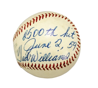 Ted Williams Signed and Inscribed 2,500th Career Hit Baseball - PSA/DNA and JSA Full LOAs